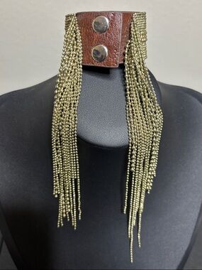 Fringed Tassel Gold Tone Chain Brown Leather Statement Rocker Boho Bracelet